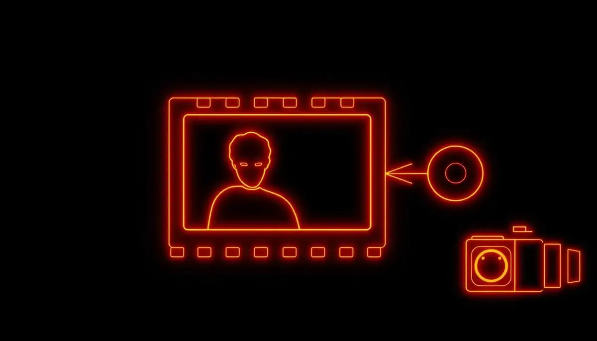 Неоновый кадр с объектом, стрелкой движения и глазом камеры — промпт как описание кадра