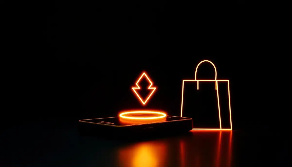 Неоновый смартфон со стрелкой загрузки и кольцом прогресса — установка приложения на телефон